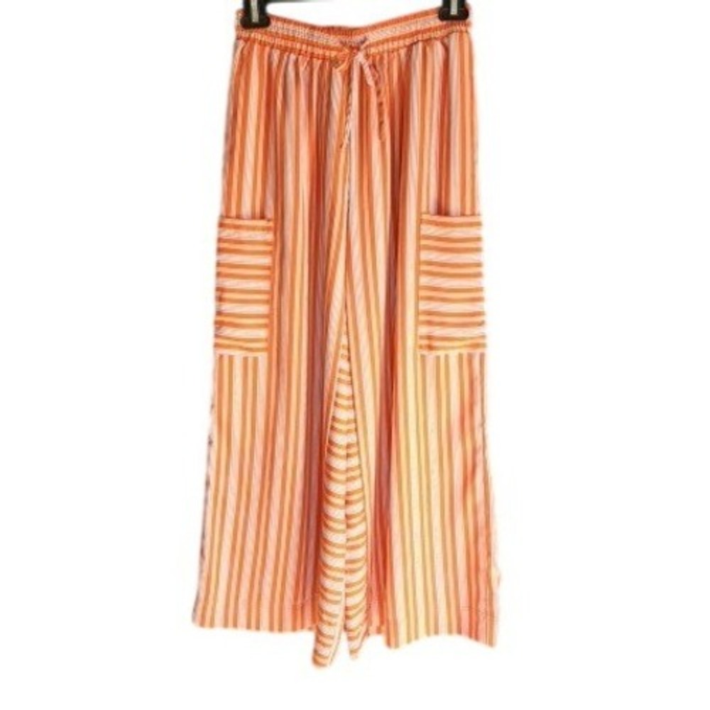 Evaless Women Pants Orange Striped Wide Leg Stretch Waist Cargo Pockets S